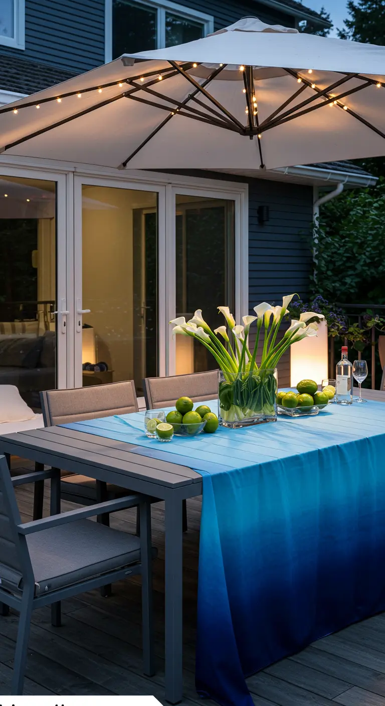 Table moderne avec nappe dégradée bleue, callas blancs, citrons verts et parasol de terrasse lumineux.