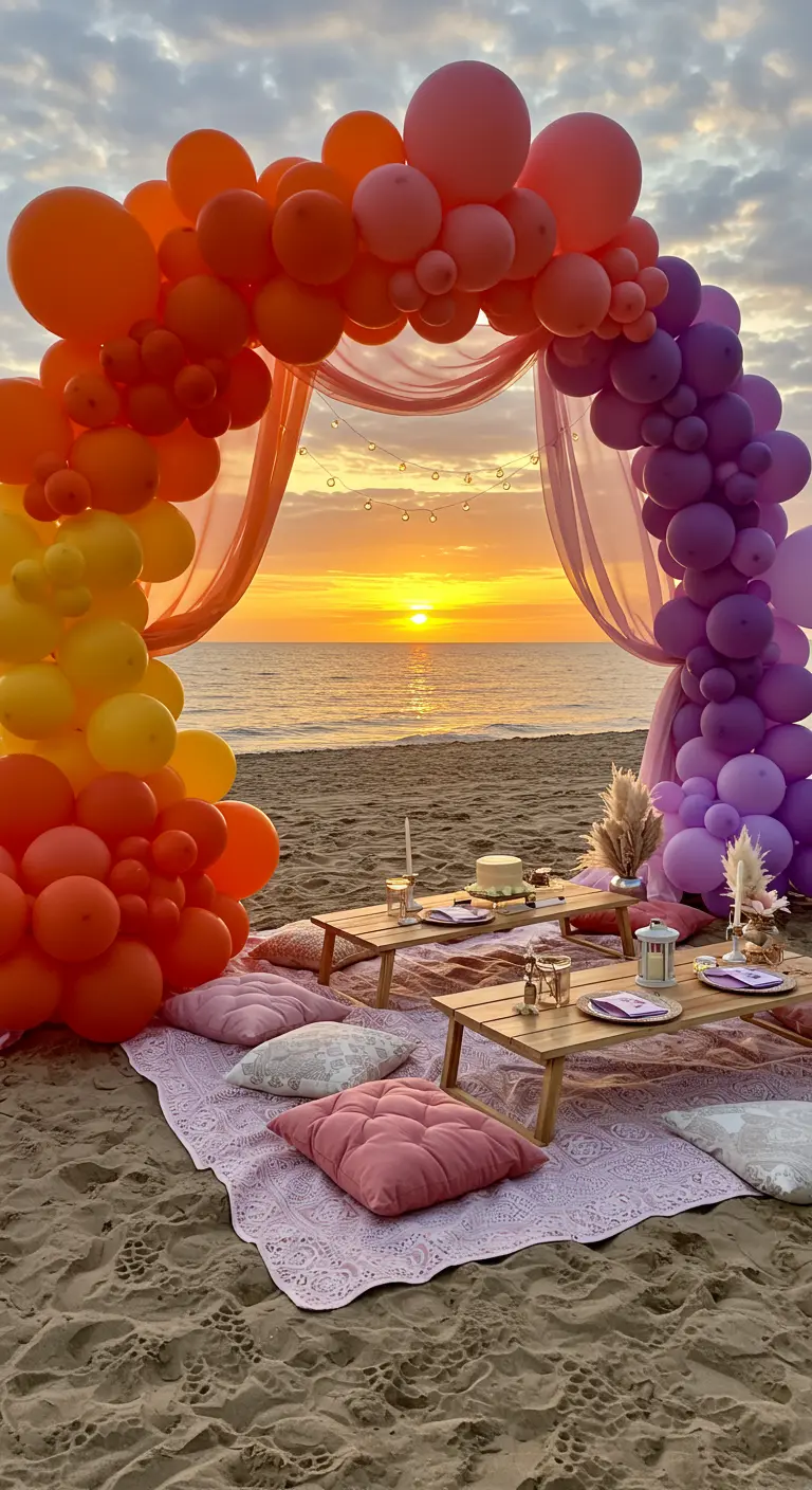 Arche de ballons en dégradé de couleurs sur une plage au coucher du soleil.
