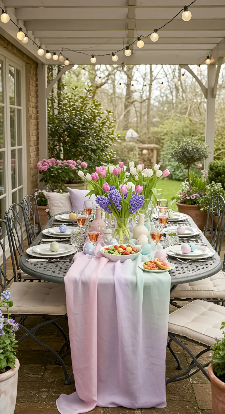 Chemin de table dégradé rose, mauve, vert sur table extérieure avec tulipes et jacinthes pastel.