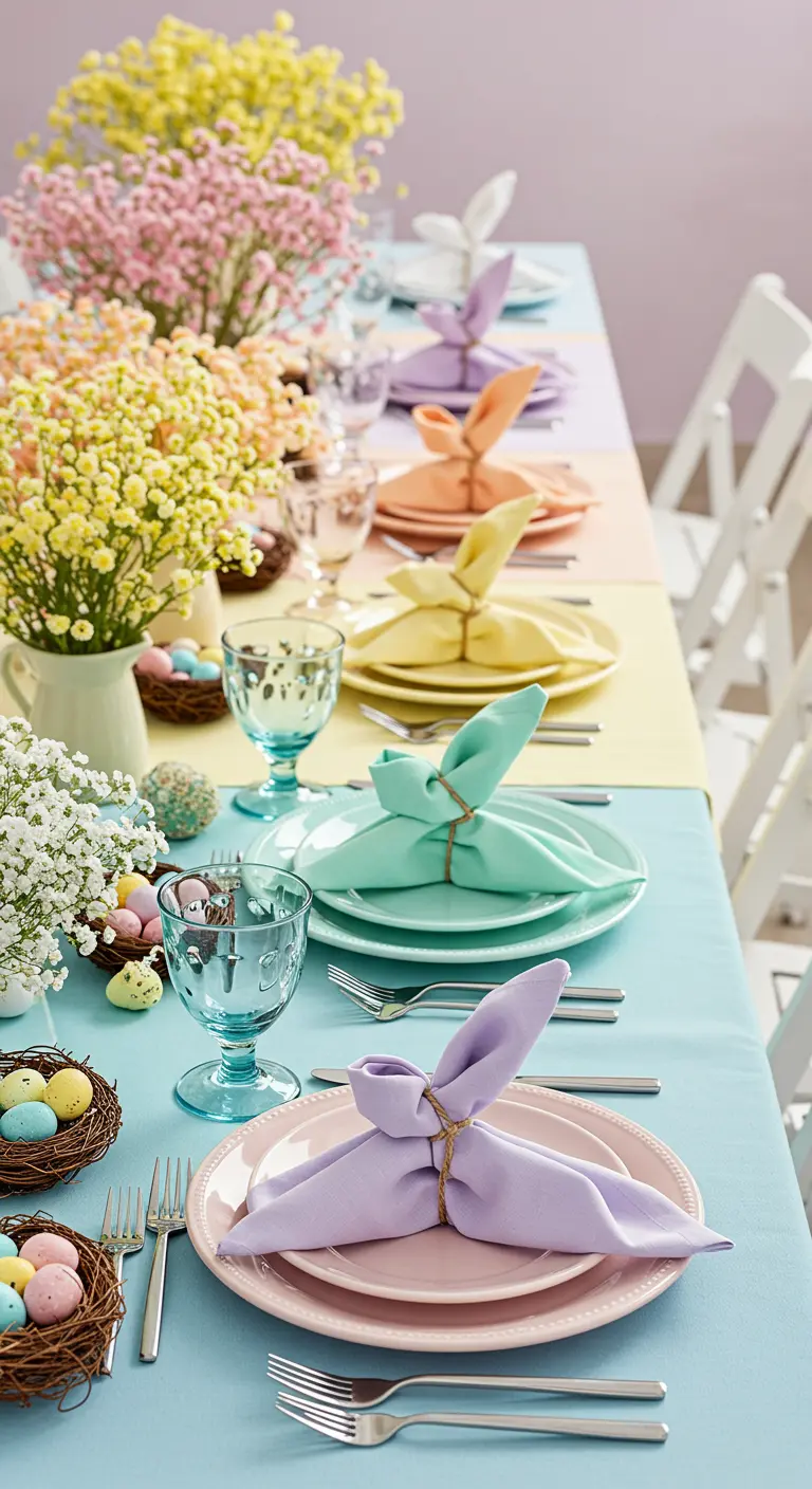Longue table de Pâques avec un dégradé de couleurs pastel pour chaque couvert.