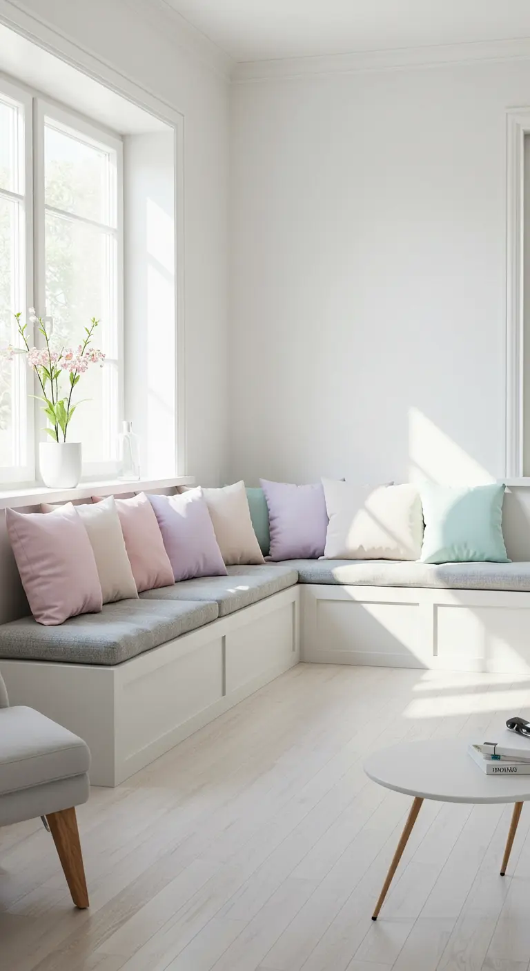 Banquette blanche avec une rangée de coussins aux couleurs pastel dégradées.