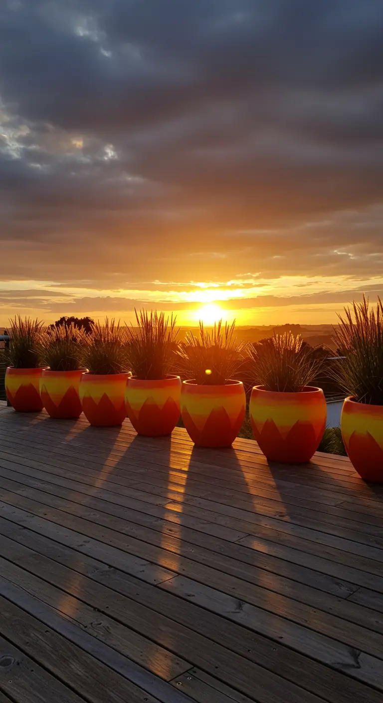 Rangée de pots orange et jaune avec un effet dégradé au coucher du soleil.