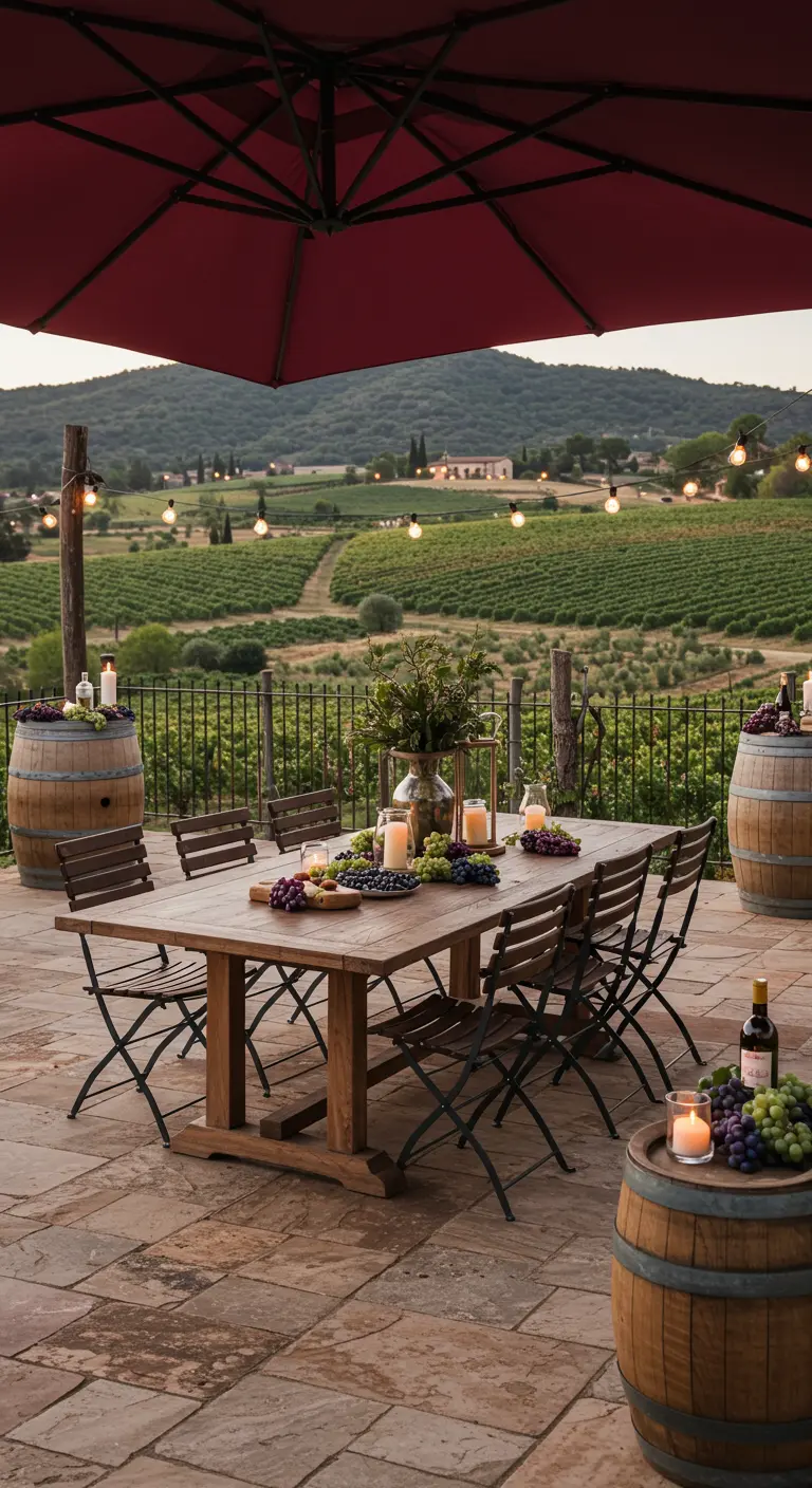 Table en bois, chaises rustiques, parasol bordeaux sur une terrasse de vignoble avec tonneaux et raisins.