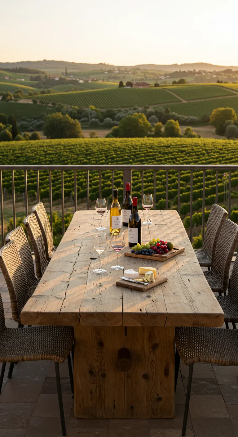 Table en bois rustique avec du vin et du fromage, donnant sur des vignobles au coucher du soleil.