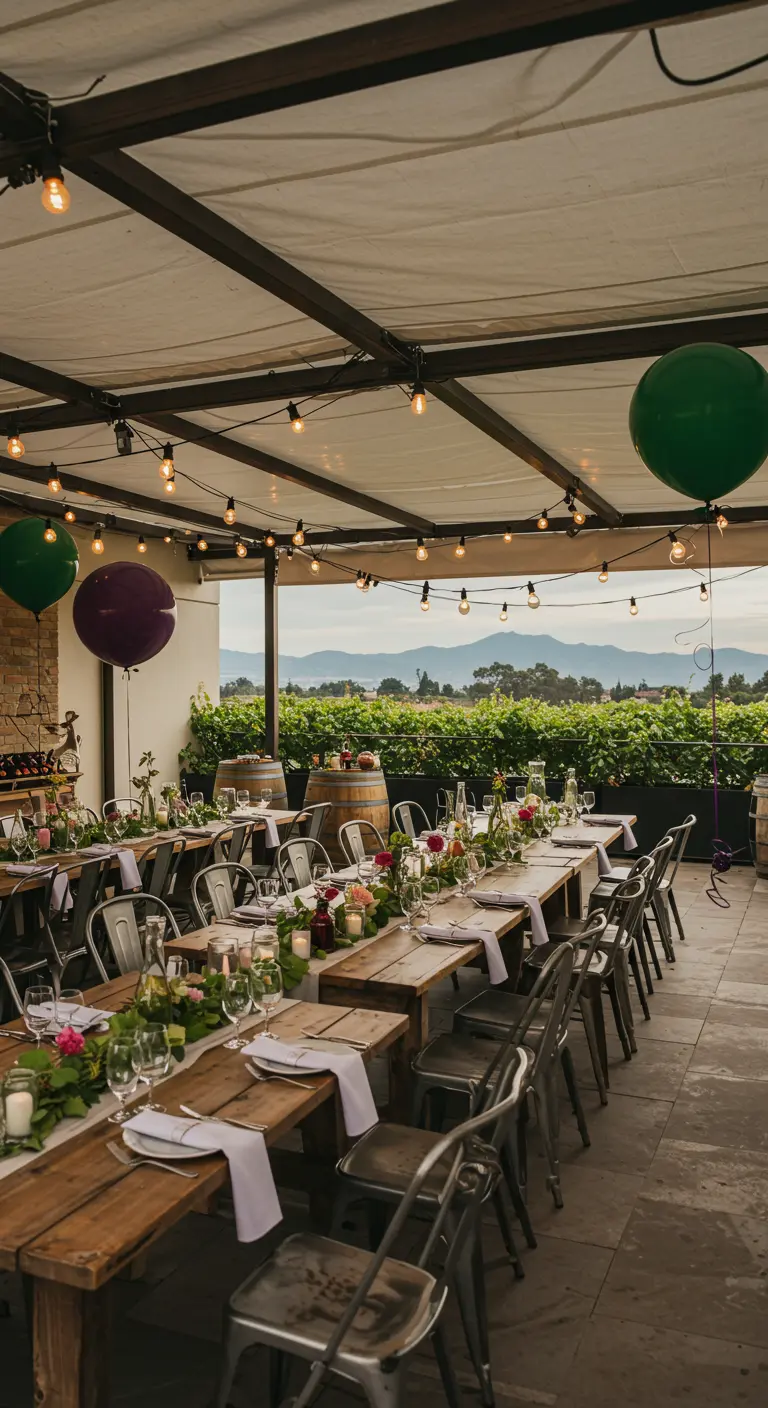 Longues tables en bois sur terrasse, guirlandes de verdure et ballons géants.