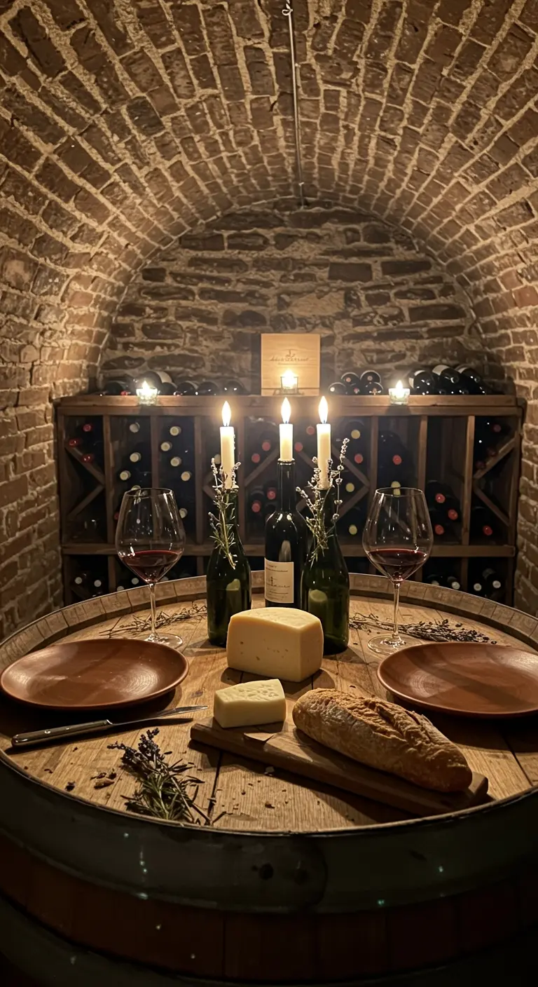 Dîner improvisé sur un tonneau dans une cave à vin, éclairé à la bougie.
