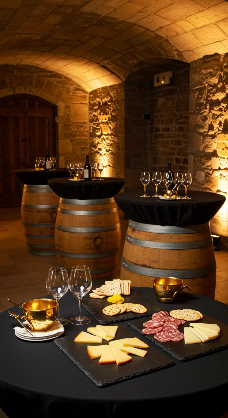 Espace de dégustation de vin avec des tonneaux servant de tables et des plateaux d'ardoise.
