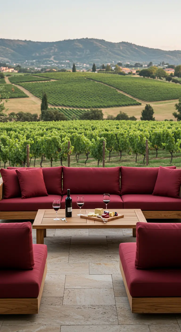 Salon de jardin rouge bordeaux face à un paysage de vignobles.