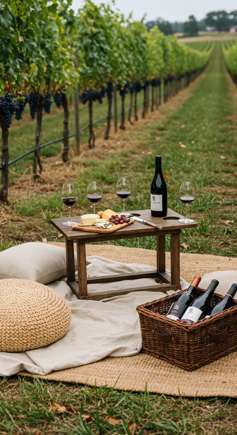 Dégustation de vin en plein air dans un vignoble avec une petite table en bois.