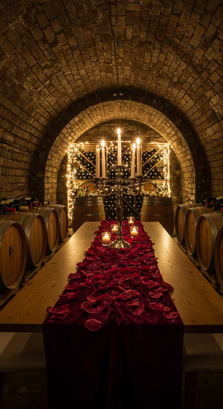 Longue table dans une cave à vin voûtée, éclairée par des guirlandes.