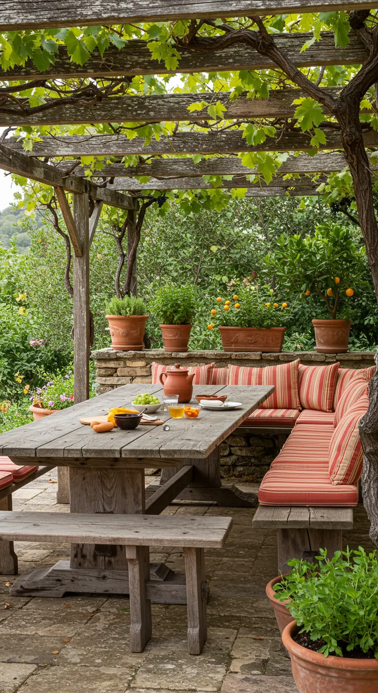 Table à manger rustique en bois sous une pergola couverte de vigne, avec des coussins corail.