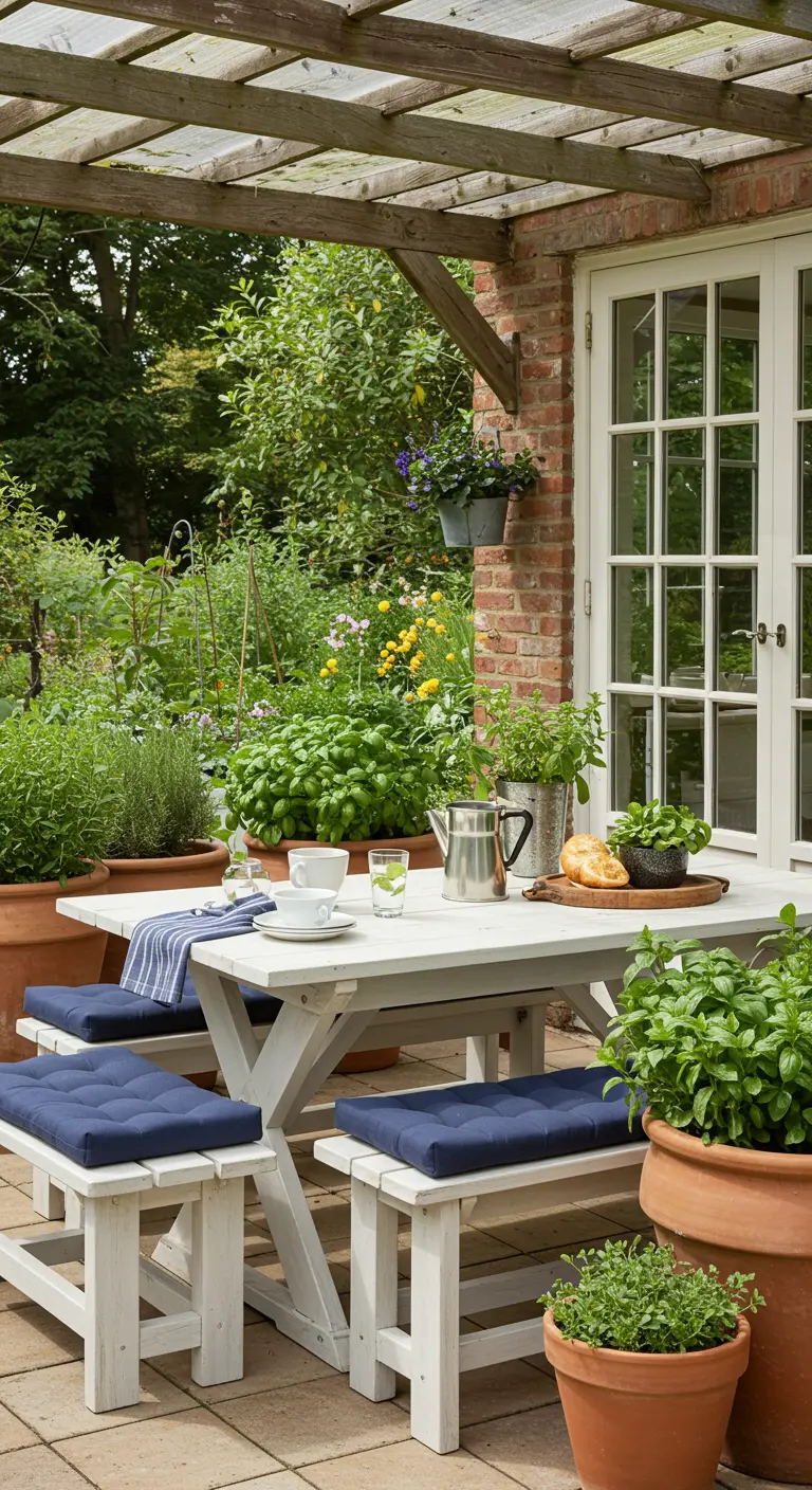 Table de pique-nique blanche avec des coussins bleus, entourée de pots d'herbes aromatiques.