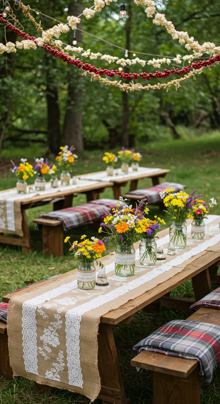 Tables de pique-nique en bois avec des chemins de table en toile de jute et des bocaux de fleurs sauvages.