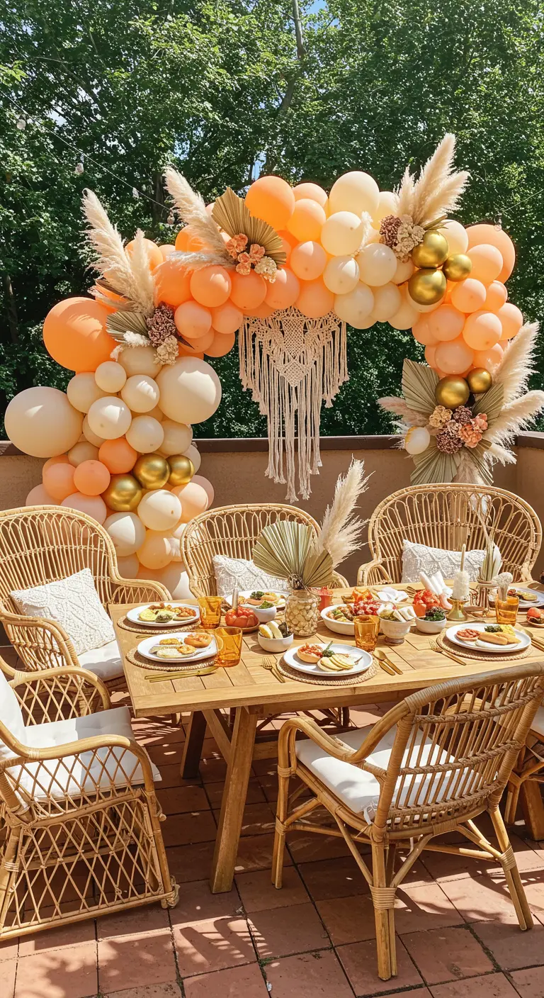 Arche de ballons orange et crème sur une terrasse ensoleillée avec chaises en rotin.