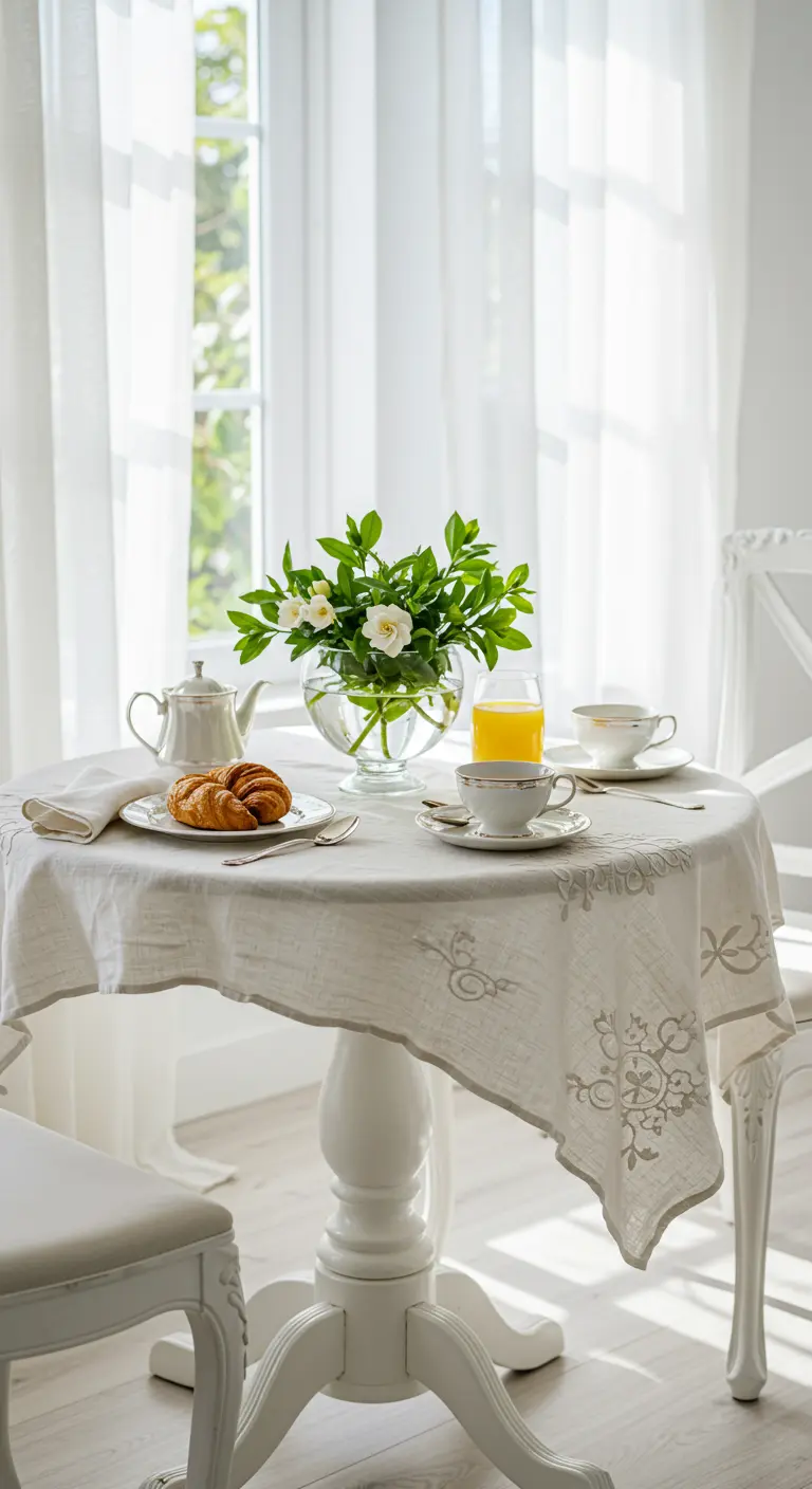 Petite table ronde avec nappe blanche brodée, bouquet de fleurs blanches et service à café.