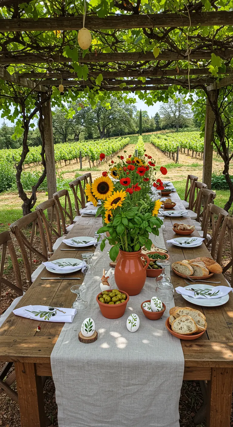 Table de Pâques rustique sous une pergola dans un vignoble, avec des tournesols.