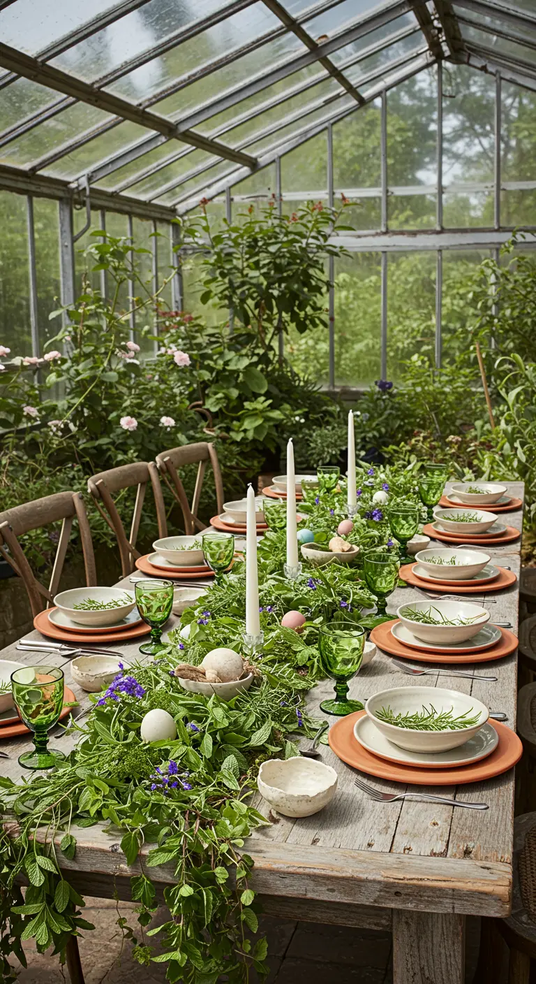 Table de Pâques dans une serre, avec une guirlande de verdure et des bougies.