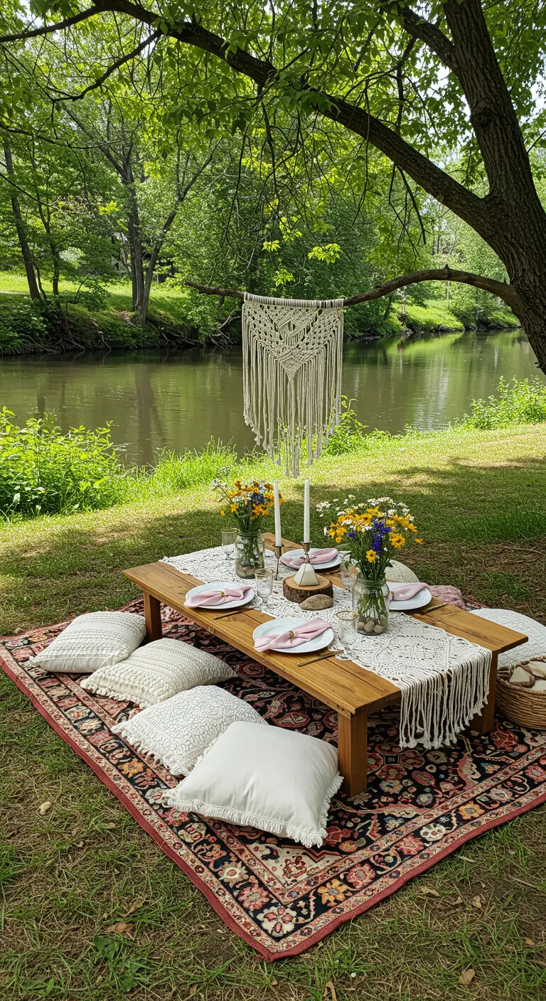 Pique-nique bohème au bord d'une rivière avec table basse et coussins.