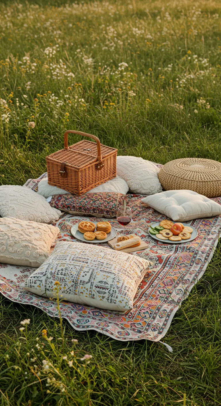 Pique-nique dans un pré avec une couverture à motifs, de nombreux coussins et un panier en osier.