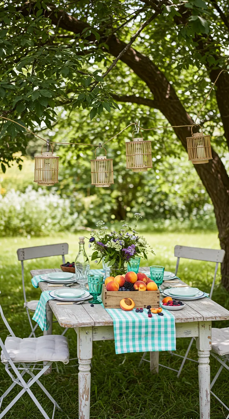 Table de jardin sous un arbre avec des lanternes suspendues et une nappe à carreaux.