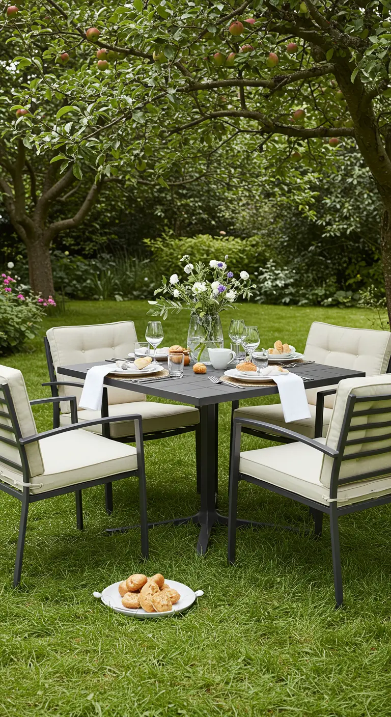 Table et chaises de jardin noires et écrues installées sur l'herbe sous un pommier.