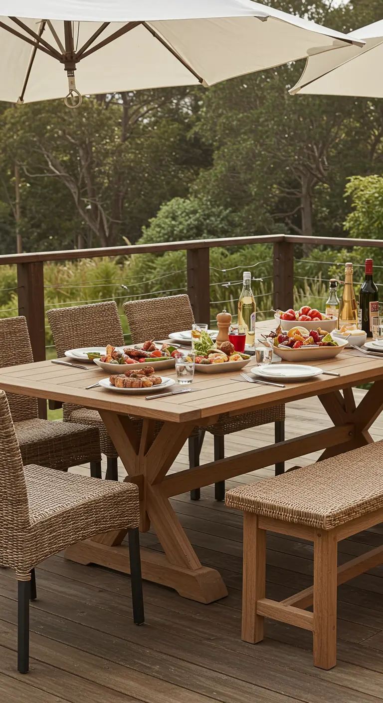 Table à manger avec un banc sur une terrasse en bois, dressée pour un repas d'été.
