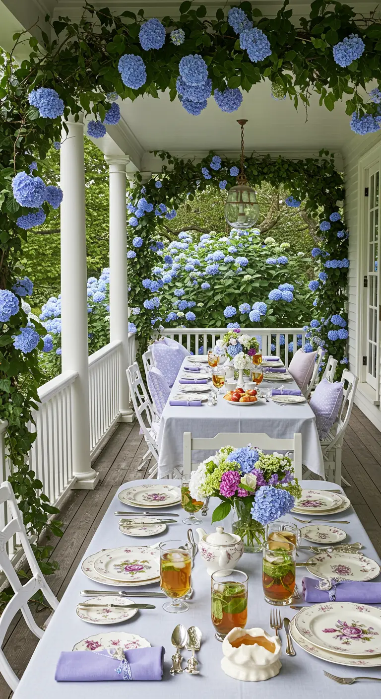 Table de déjeuner dressée sur un porche blanc entouré d'hortensias bleus luxuriants.