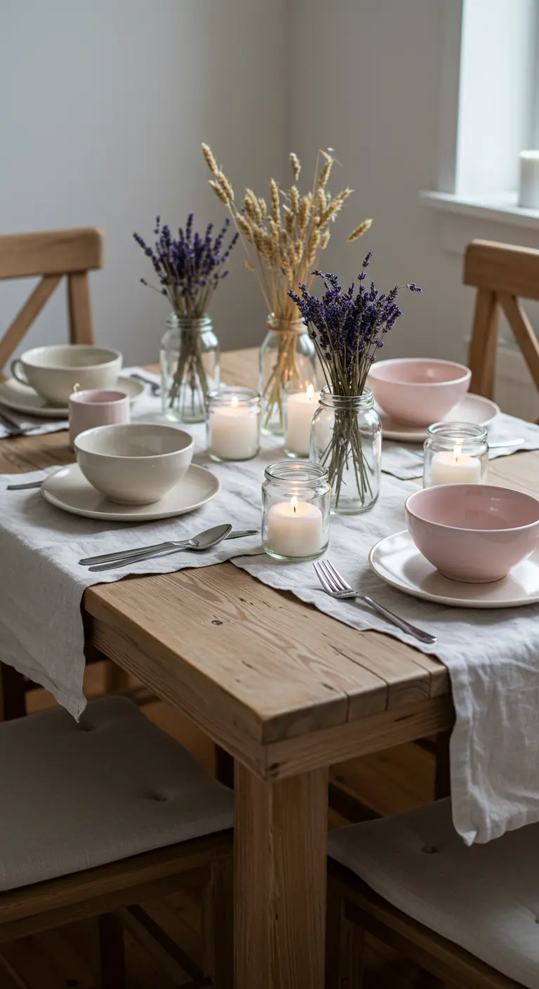 Table en bois clair avec chemin de table blanc, vaisselle rose et lavande séchée.