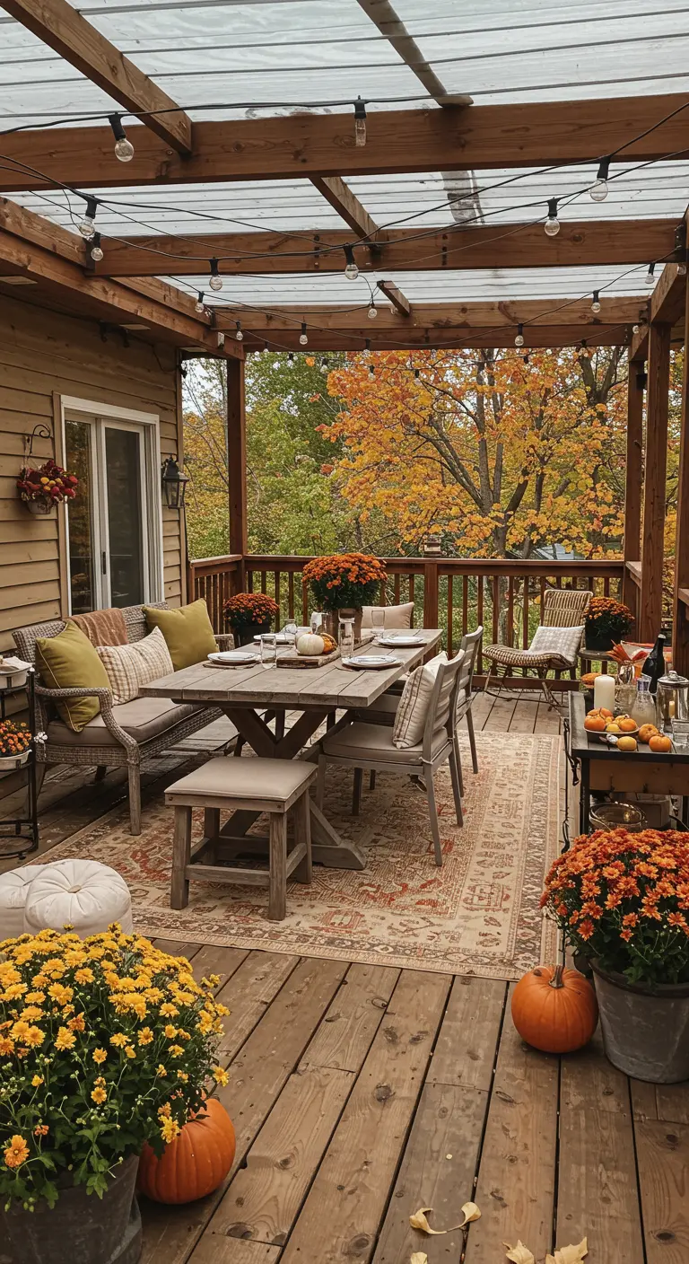 Grande terrasse en bois avec table à manger, chrysanthèmes, citrouilles et guirlandes lumineuses.