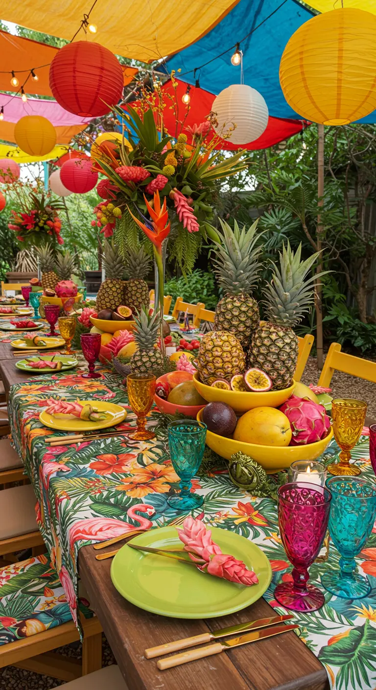Longue table de fête sous des lampions colorés, avec une nappe tropicale, des ananas et un festin de fruits.