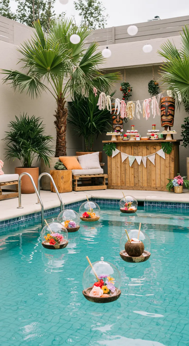Fleurs colorées flottant dans des bulles en verre dans une piscine.