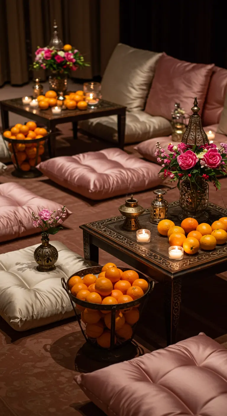 Salon oriental avec coussins roses et paniers remplis d'oranges fraîches.