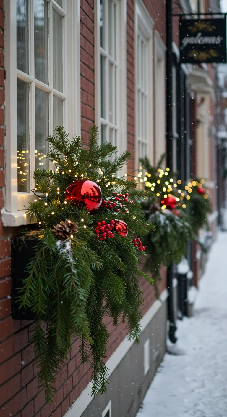 Jardinières de fenêtre d'hiver avec des branches de pin, des boules rouges et des lumières.