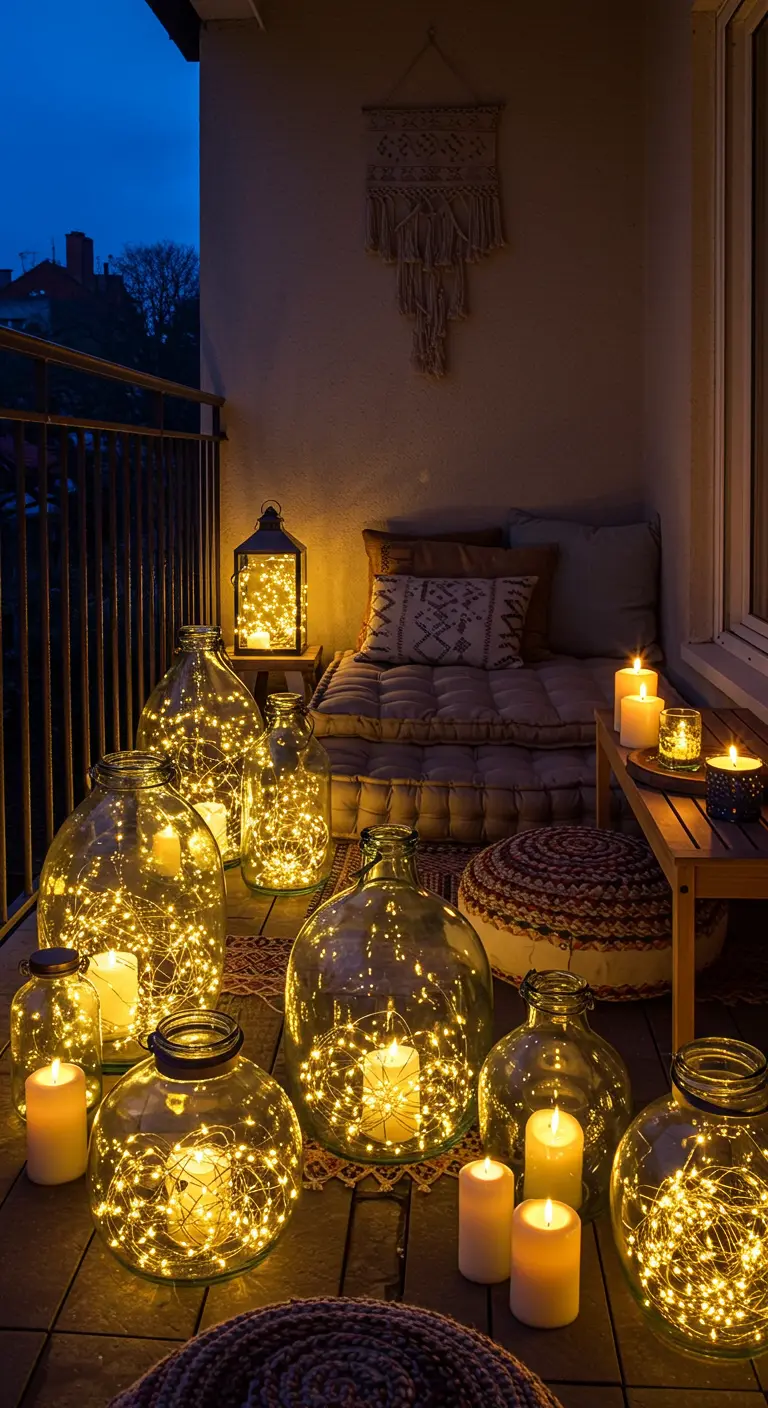 Plusieurs grandes bonbonnes en verre remplies de guirlandes lumineuses sur un sol de balcon.