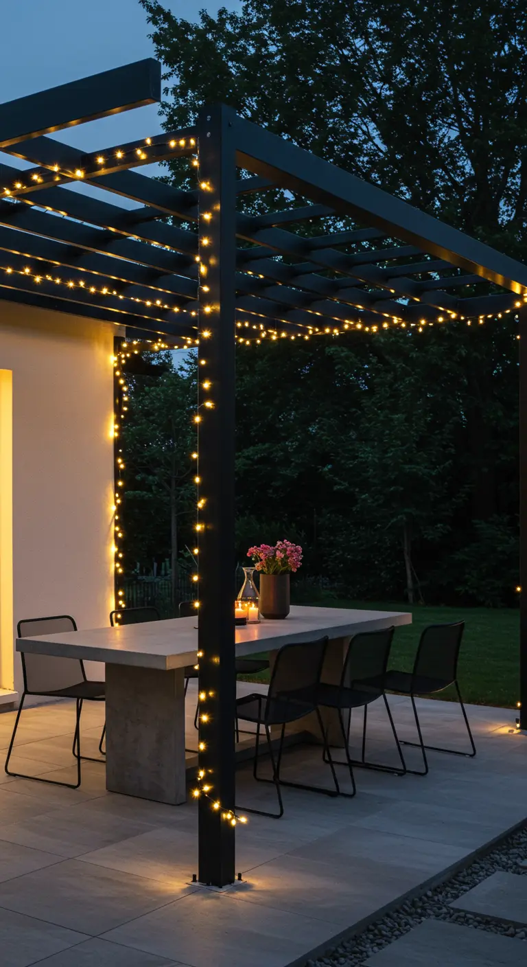 Pergola moderne noire avec de fines guirlandes lumineuses enroulées autour de sa structure.