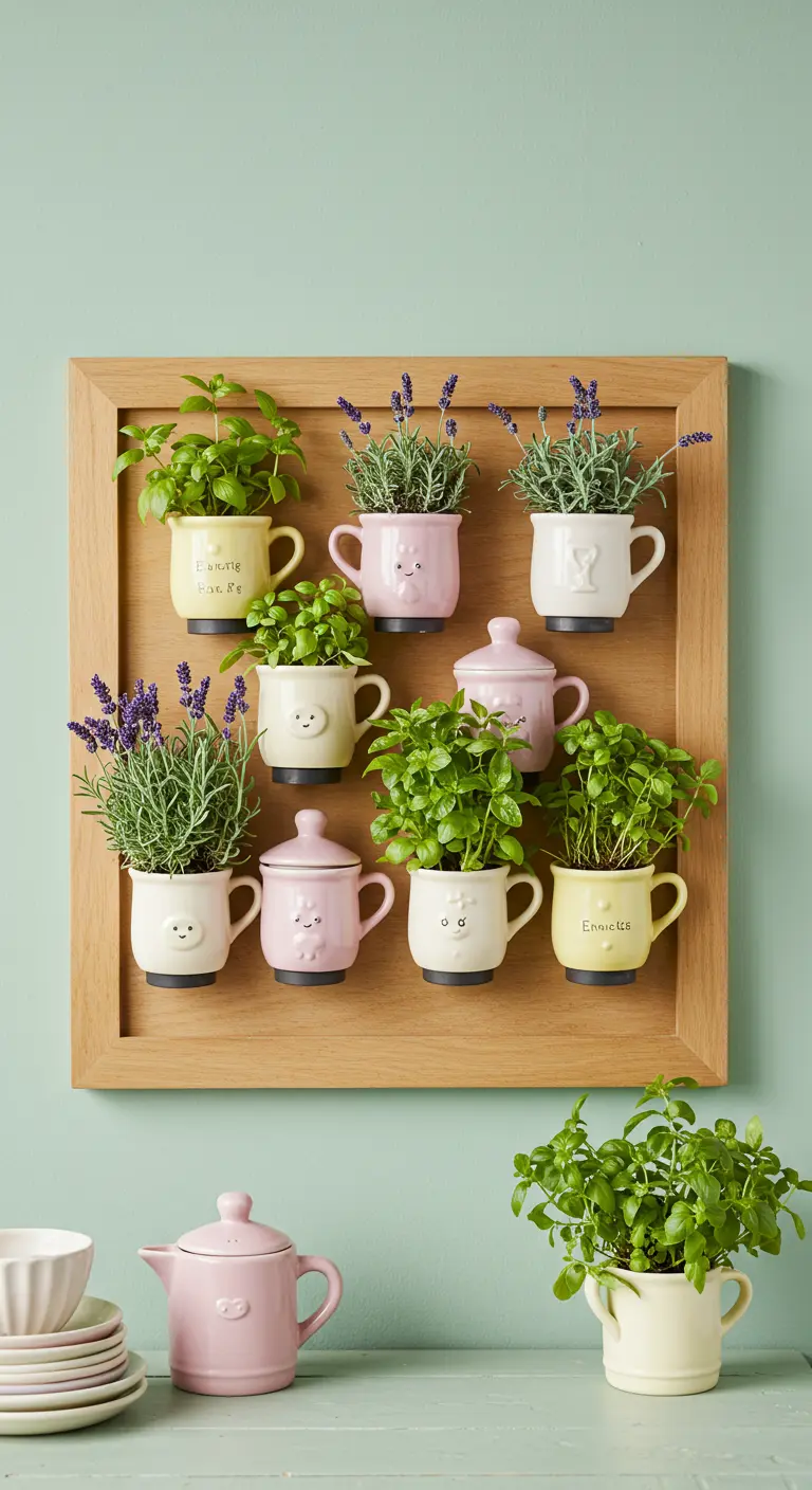 Pots souriants en céramique pastel avec lavande et basilic dans un cadre en bois clair.