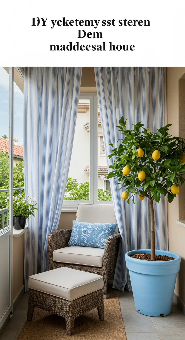 Fauteuil en rotin sur un balcon encadré par de longs rideaux à rayures bleues et blanches.