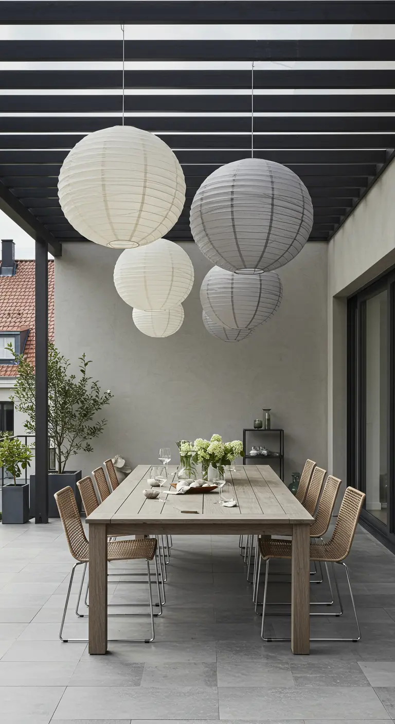 Grandes lanternes en papier grises et blanches suspendues au-dessus d'une table à manger moderne.