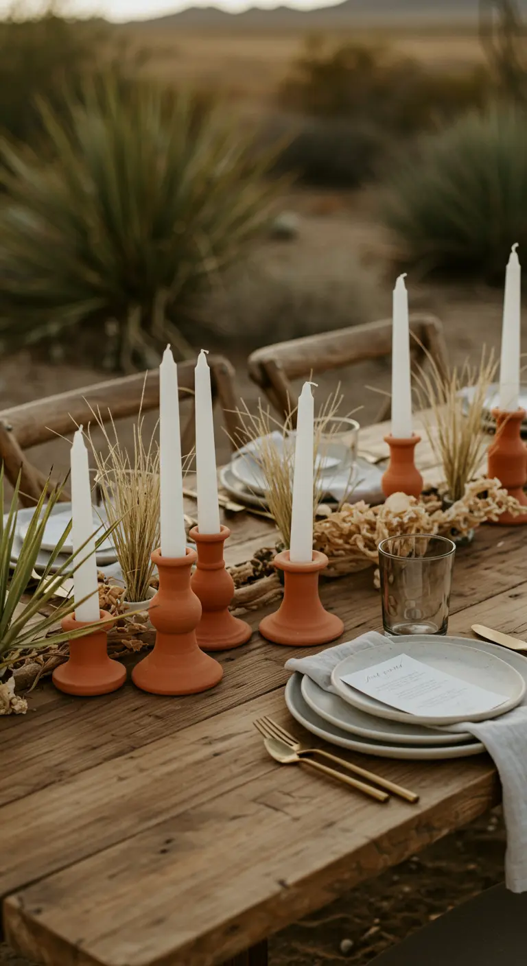 Table en bois dans le désert, bougeoirs en terre cuite, herbes séchées et succulents.
