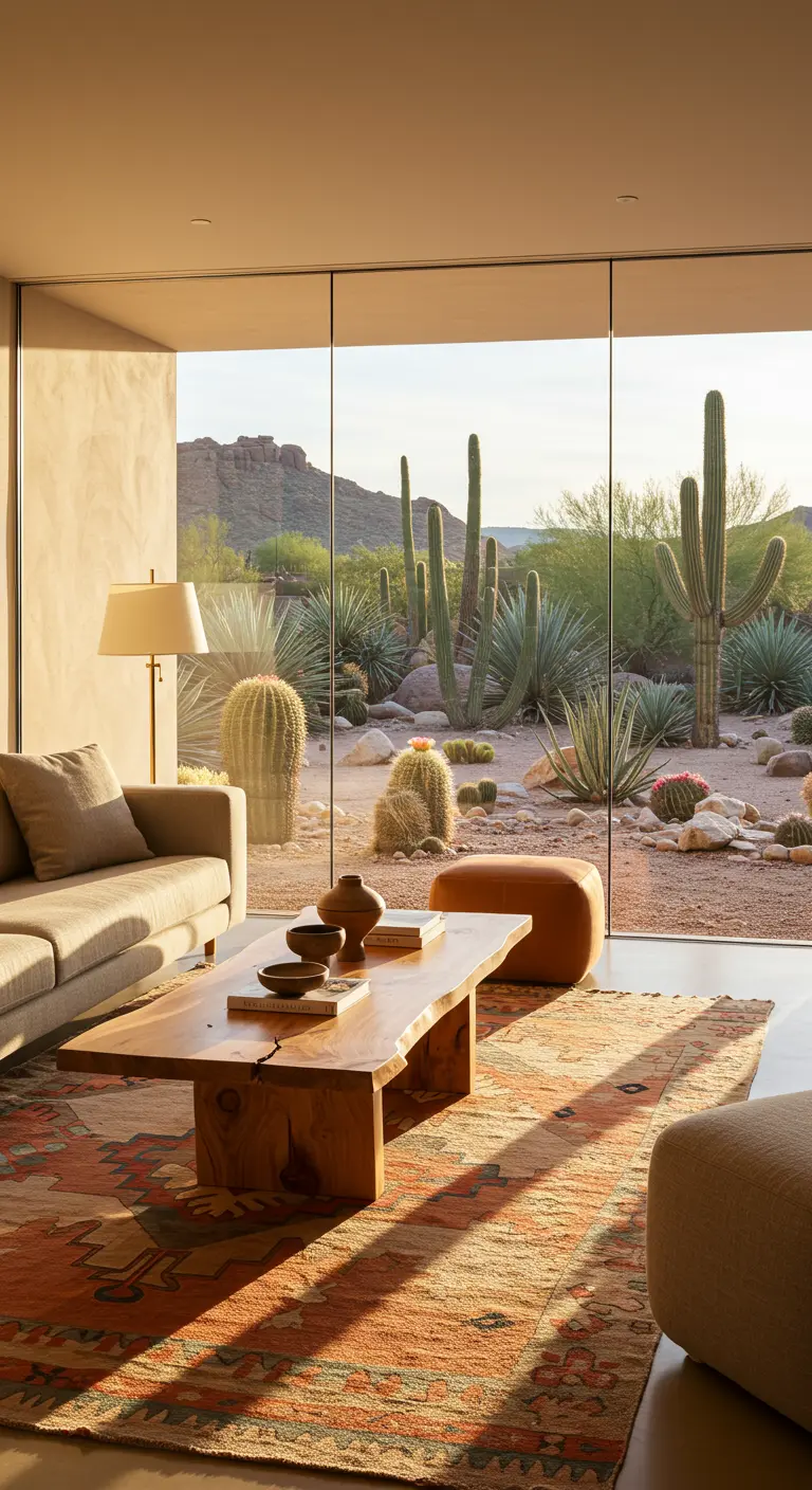 Salon ouvert sur un désert de cactus, avec table basse en bois brut et tapis navajo aux tons chauds.