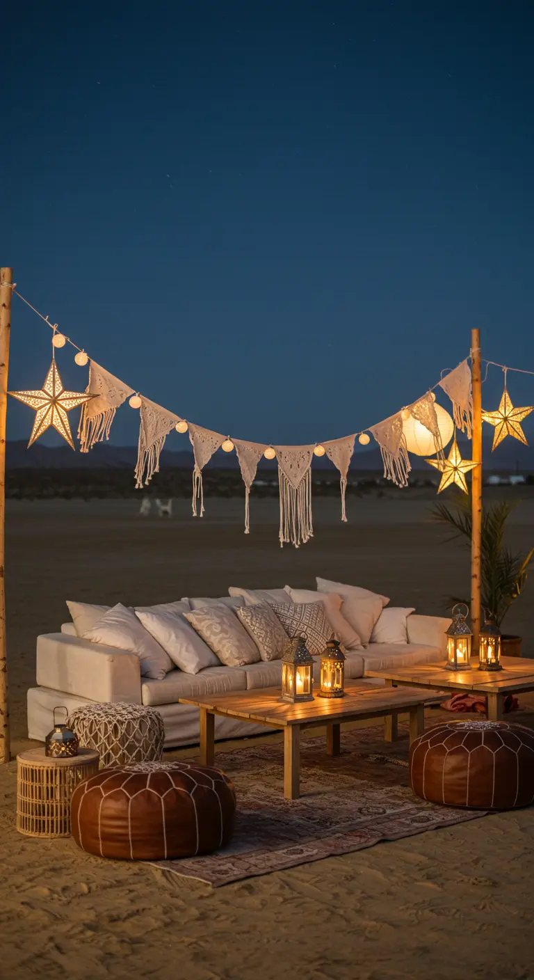 Salon d'extérieur désert chic avec canapé blanc, poufs, guirlande macramé étoilée et lanternes.