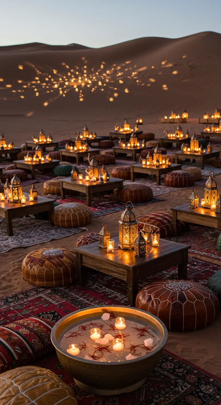 Scène de dîner dans le désert avec tapis, poufs et nombreuses lanternes.