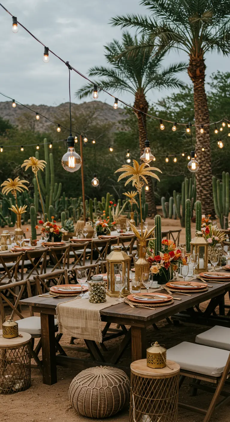 Ambiance désertique chic avec cactus, palmiers dorés, tables en bois et guirlandes lumineuses.