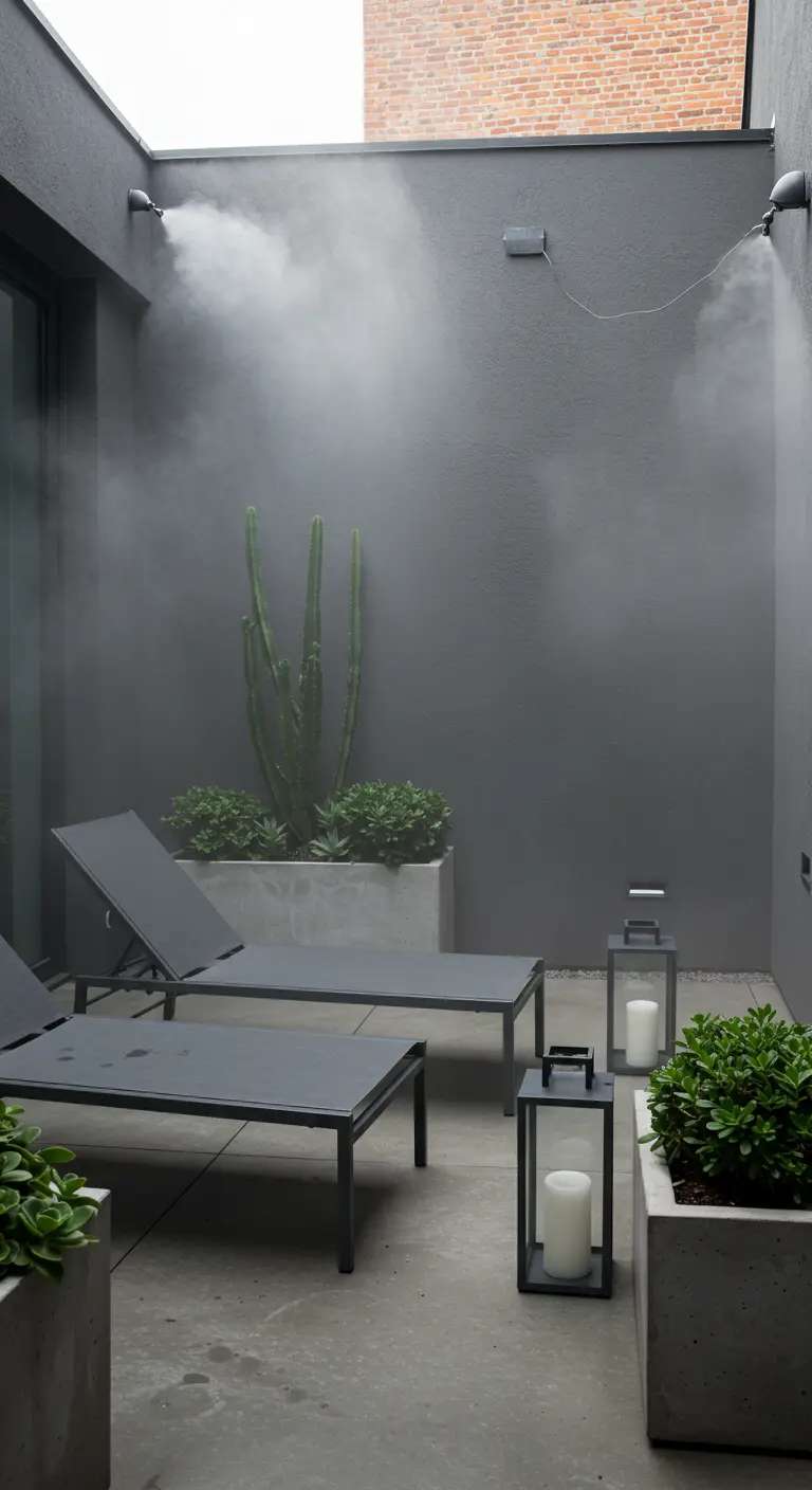 Patio urbain gris avec brumisateurs, chaises longues sombres, jardinières en béton et lanternes épurées.