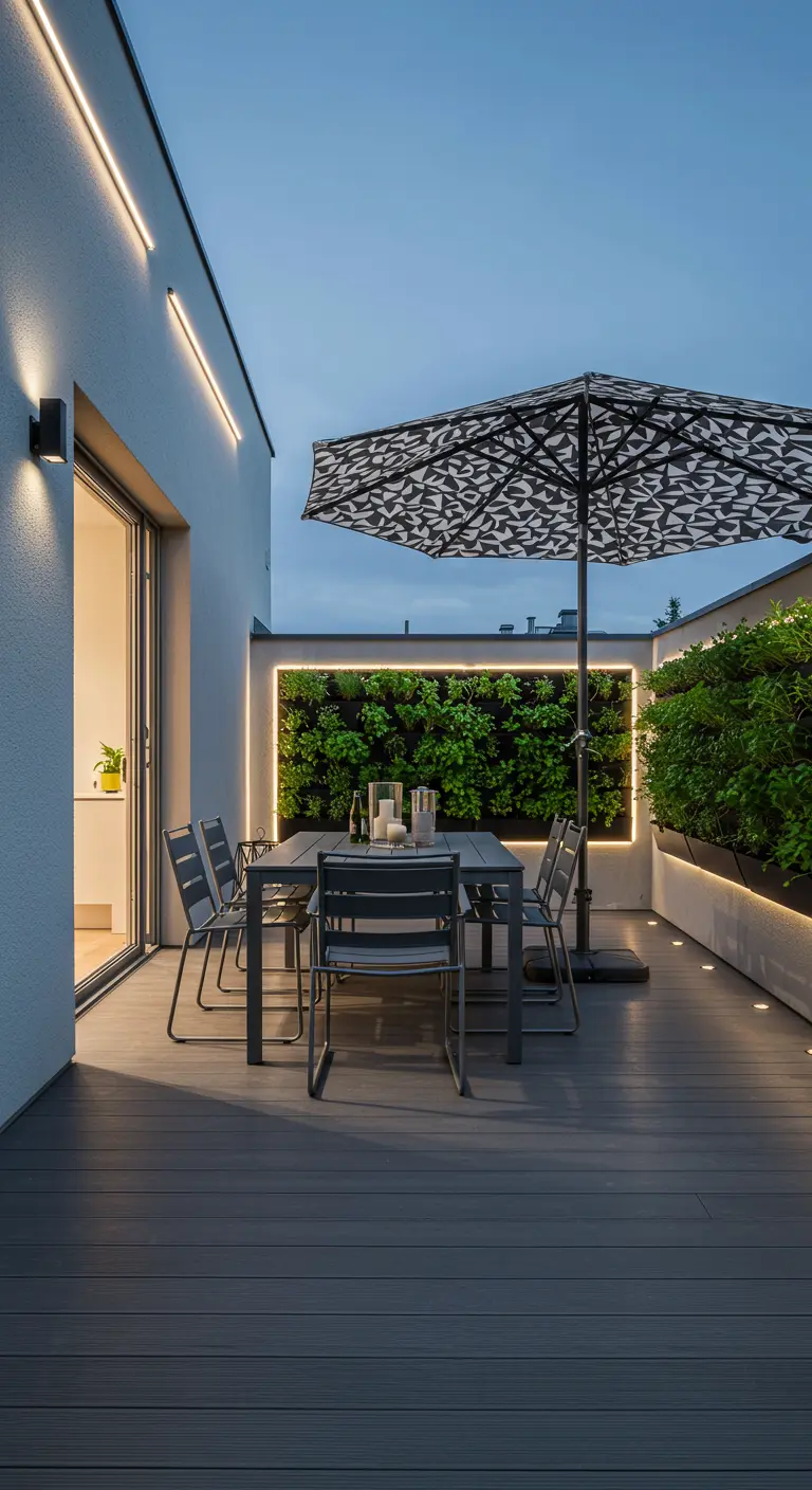 Terrasse moderne avec éclairage LED intégré, mur végétal lumineux et mobilier sombre.