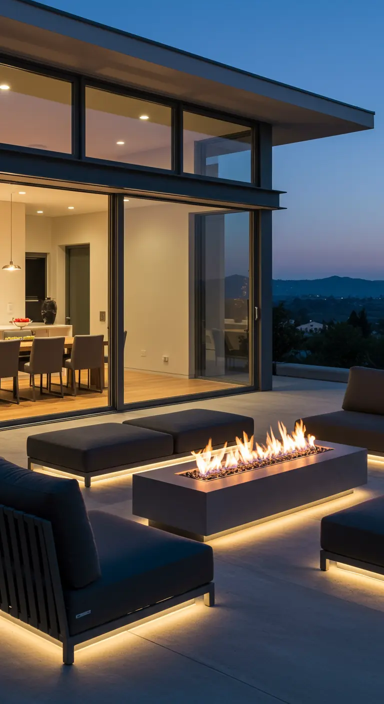 Patio moderne avec foyer linéaire à gaz, mobilier épuré et éclairage LED sous les sièges.