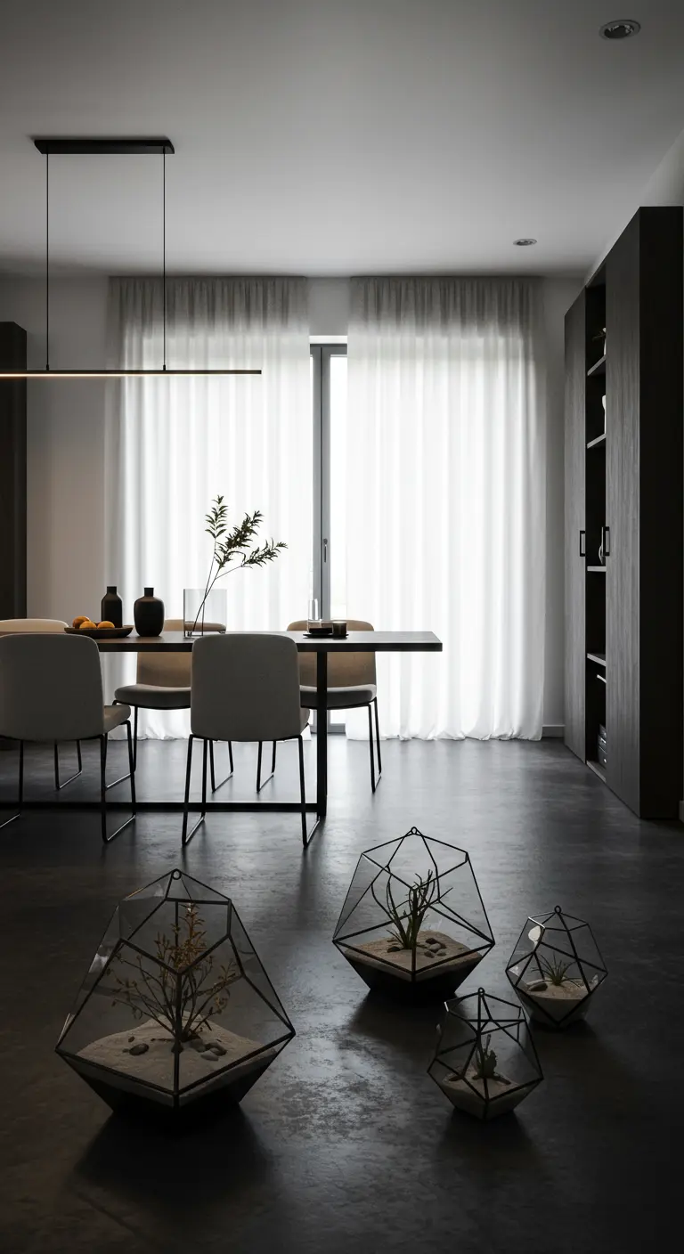 Salle à manger minimaliste avec terrariums géométriques au sol et sur la table