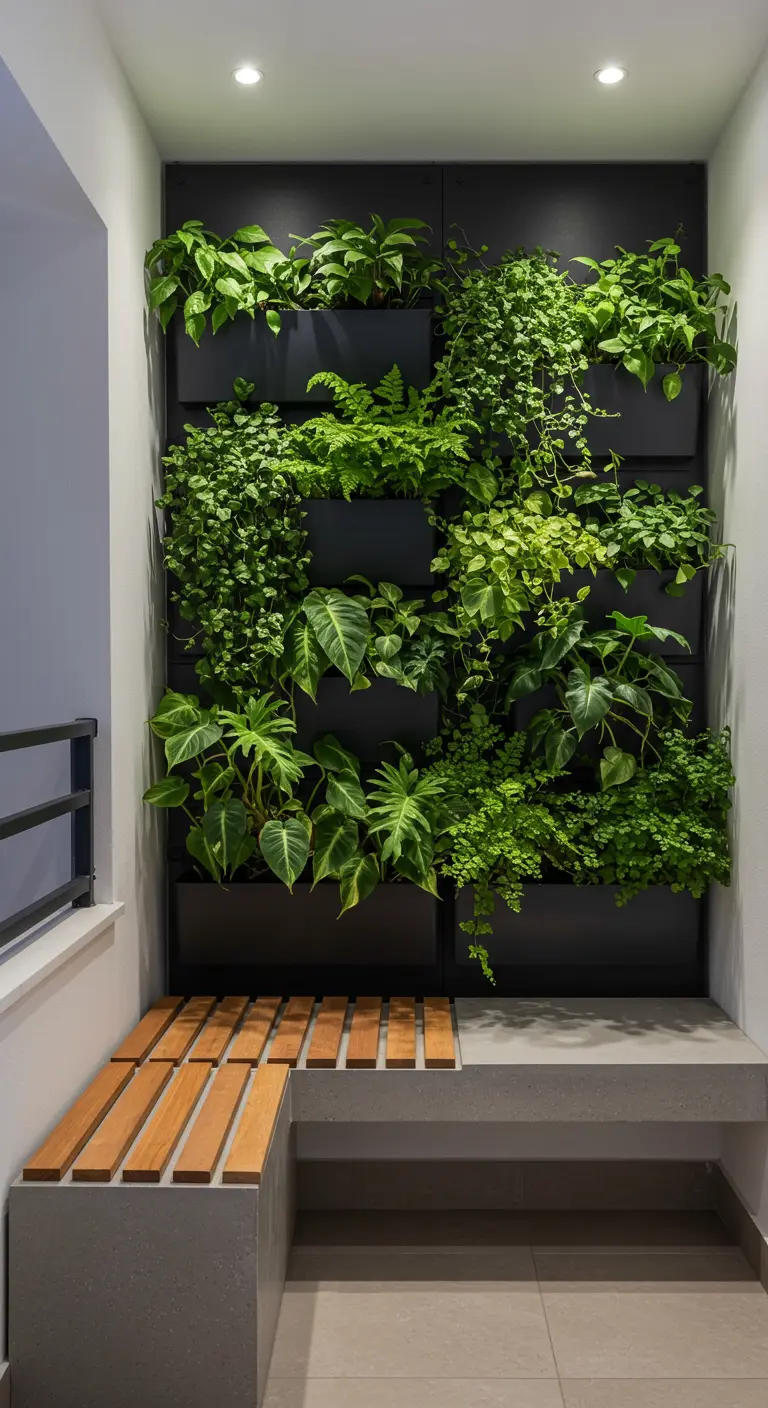 Mur végétal modulable noir avec fougères et philodendrons, banc intégré bois et béton.