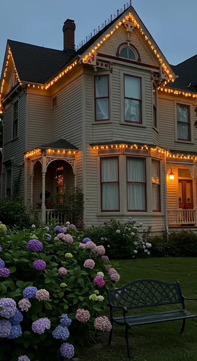 Maison victorienne avec guirlandes lumineuses soulignant les toits, corniches et balcons.