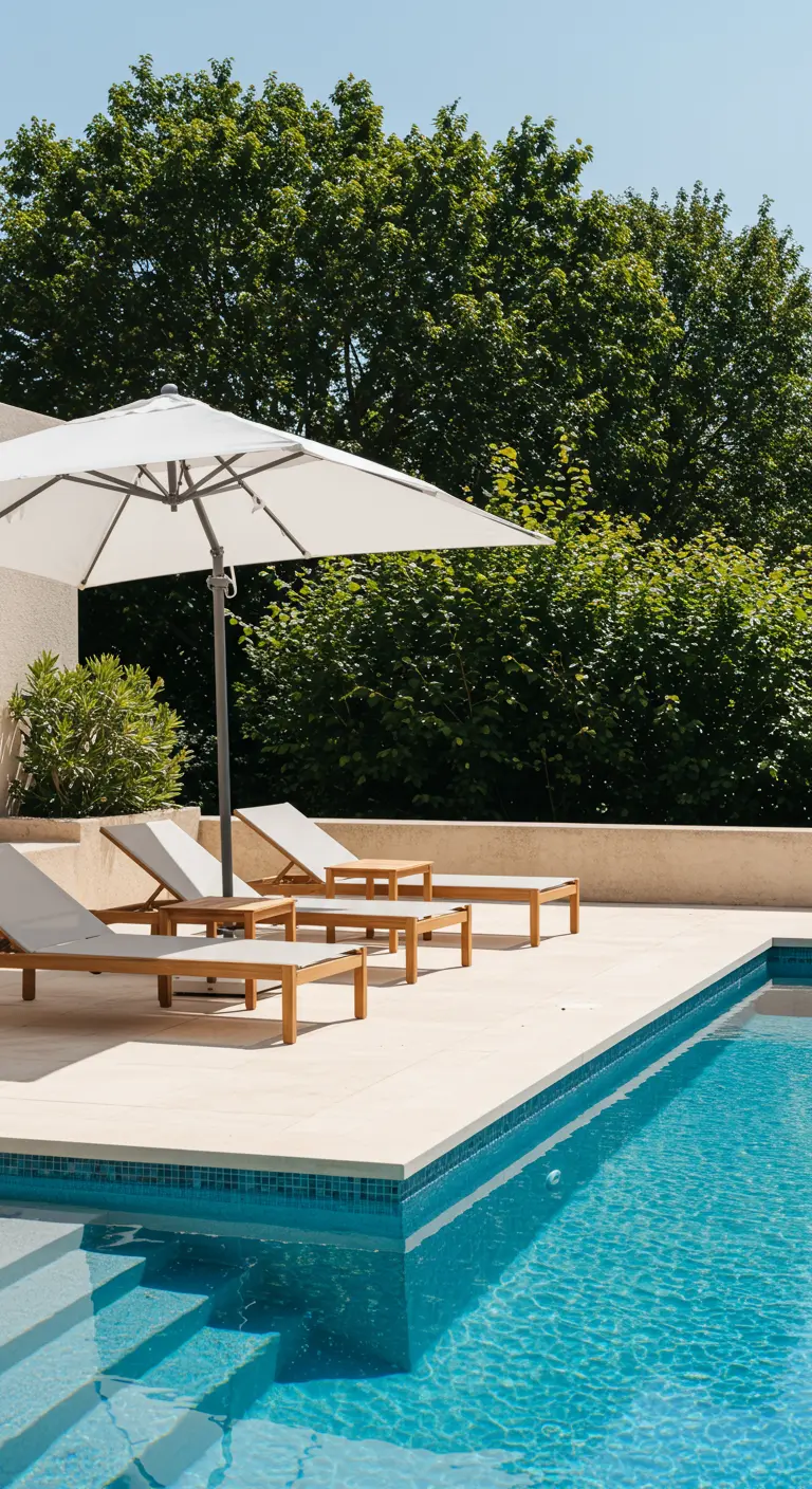 Transats en bois clair avec coussins blancs et grand parasol blanc au bord d'une piscine.